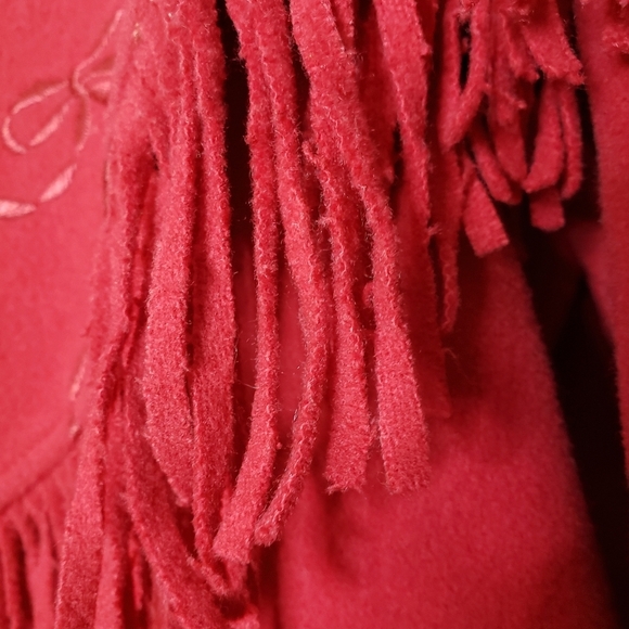 LIKE NEW Vintage Red Wool Fringe Embroidered Pea Coat Western Bohemian Winter - Picture 11 of 16